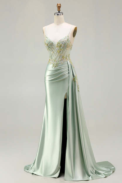 Sparkly Green Floral Long Mermaid Corset Prom Dress with Appliques