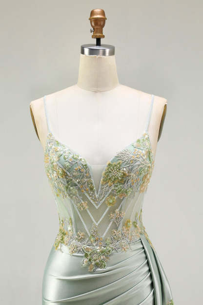 Sparkly Green Floral Long Mermaid Corset Prom Dress with Appliques
