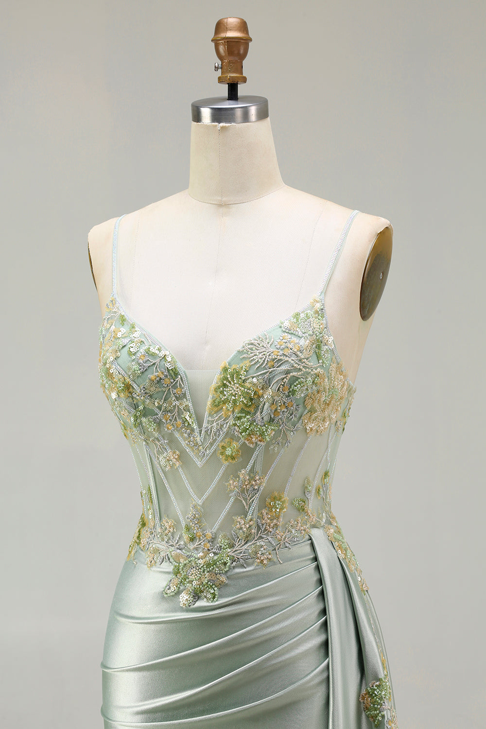 Sparkly Green Floral Long Mermaid Corset Prom Dress with Appliques