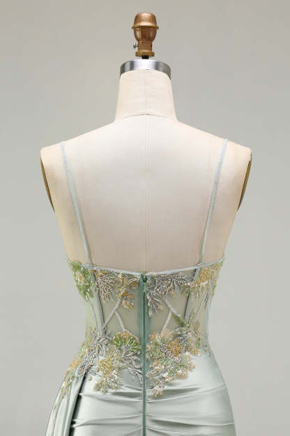 Sparkly Green Floral Long Mermaid Corset Prom Dress with Appliques