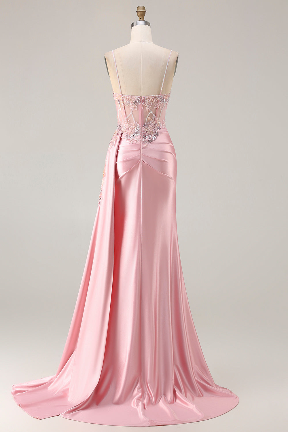 Sparkly Pink Mermaid Floral Satin Long Corset Prom Dress with Sequin