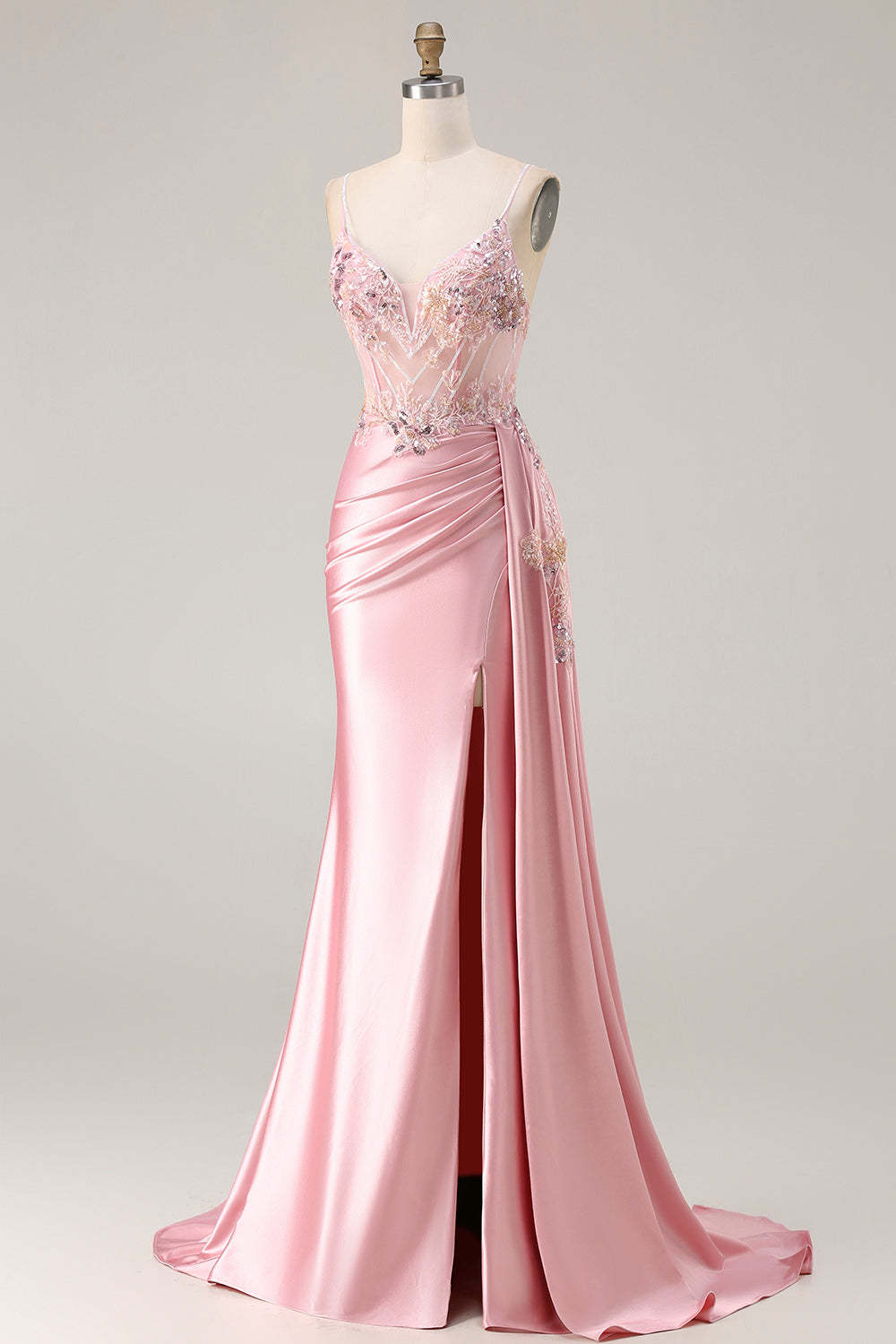 Sparkly Pink Mermaid Floral Satin Long Corset Prom Dress with Sequin