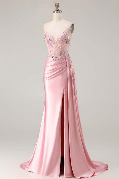 Sparkly Pink Mermaid Floral Satin Long Corset Prom Dress with Sequin