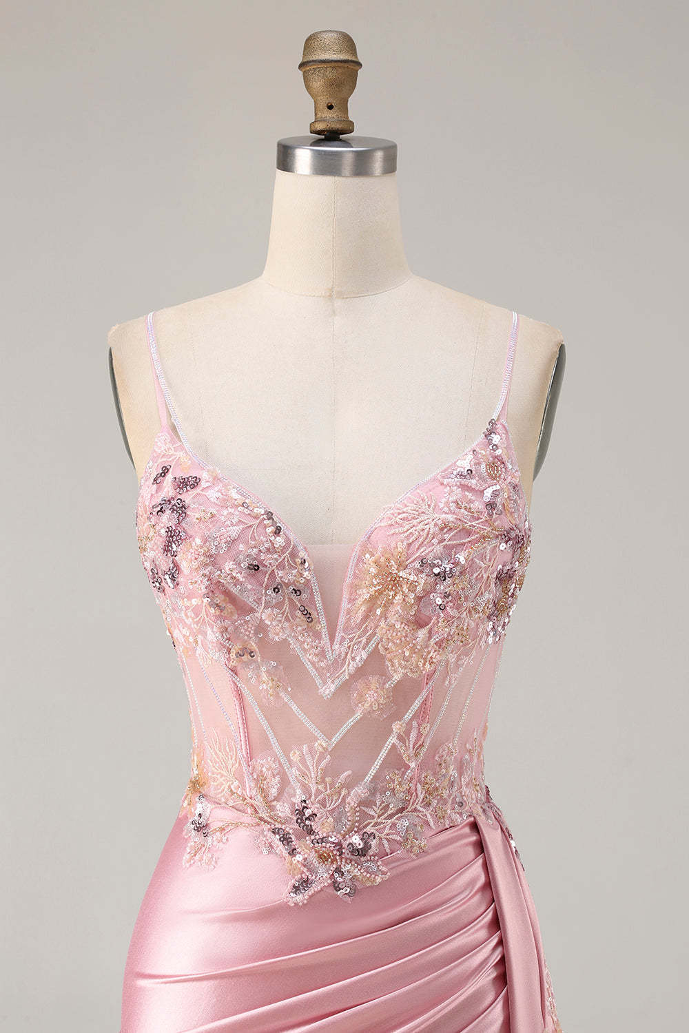 Sparkly Pink Mermaid Floral Satin Long Corset Prom Dress with Sequin