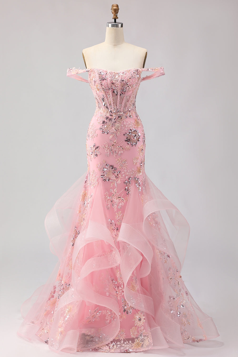 Leely Women Sparkly Floral Blush Tulle Maxi Corset Prom Dress with Ruffles Mermaid Off the Shoulder Backless Pageant Dress with Embroidery