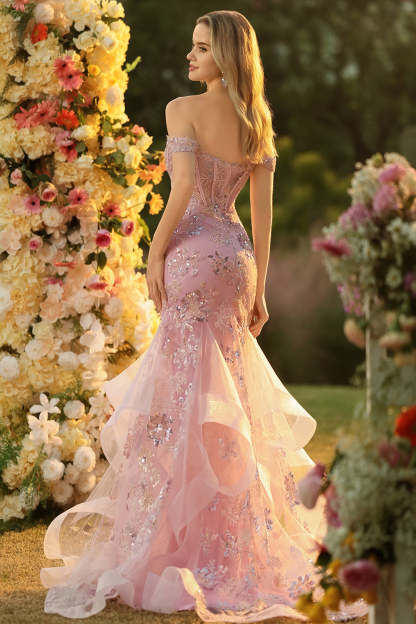 Sparkly Floral Blush Mermaid Ruffled Maxi Corset Prom Dress