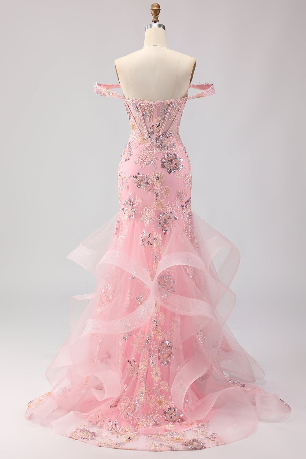 Sparkly Floral Blush Mermaid Ruffled Maxi Corset Prom Dress