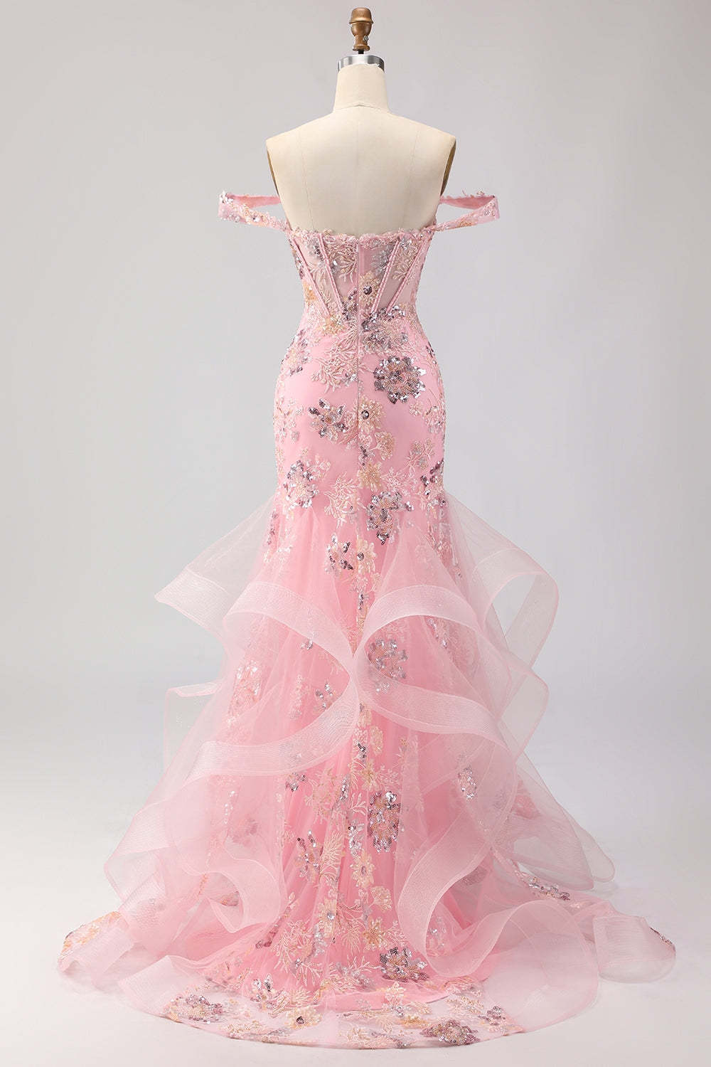 Sparkly Floral Blush Mermaid Ruffled Maxi Corset Prom Dress