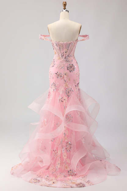 Sparkly Floral Blush Mermaid Ruffled Maxi Corset Prom Dress