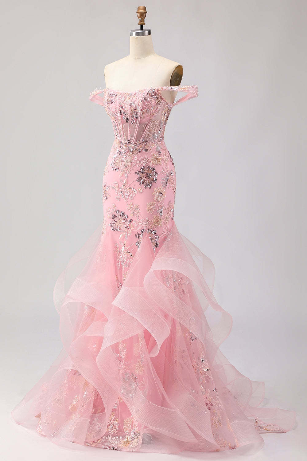 Sparkly Floral Blush Mermaid Ruffled Maxi Corset Prom Dress