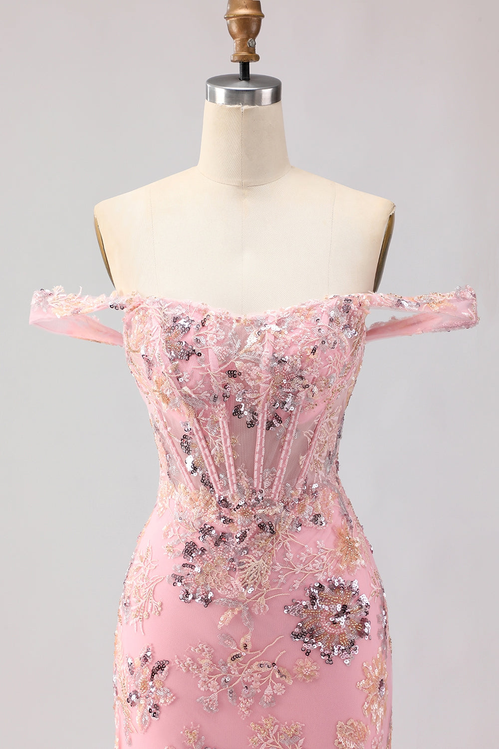 Sparkly Floral Blush Mermaid Ruffled Maxi Corset Prom Dress