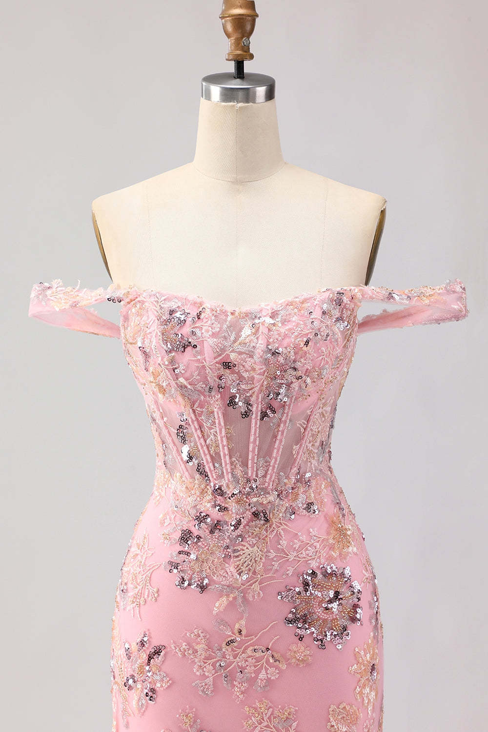 Sparkly Floral Blush Mermaid Ruffled Maxi Corset Prom Dress