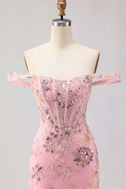 Sparkly Floral Blush Mermaid Ruffled Maxi Corset Prom Dress