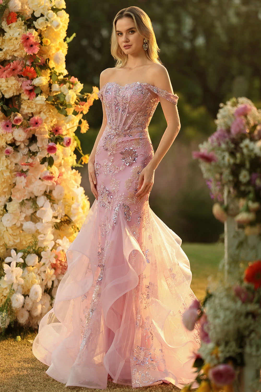 Sparkly Blush Floral Mermaid Long Corset Prom Dress with Ruffles