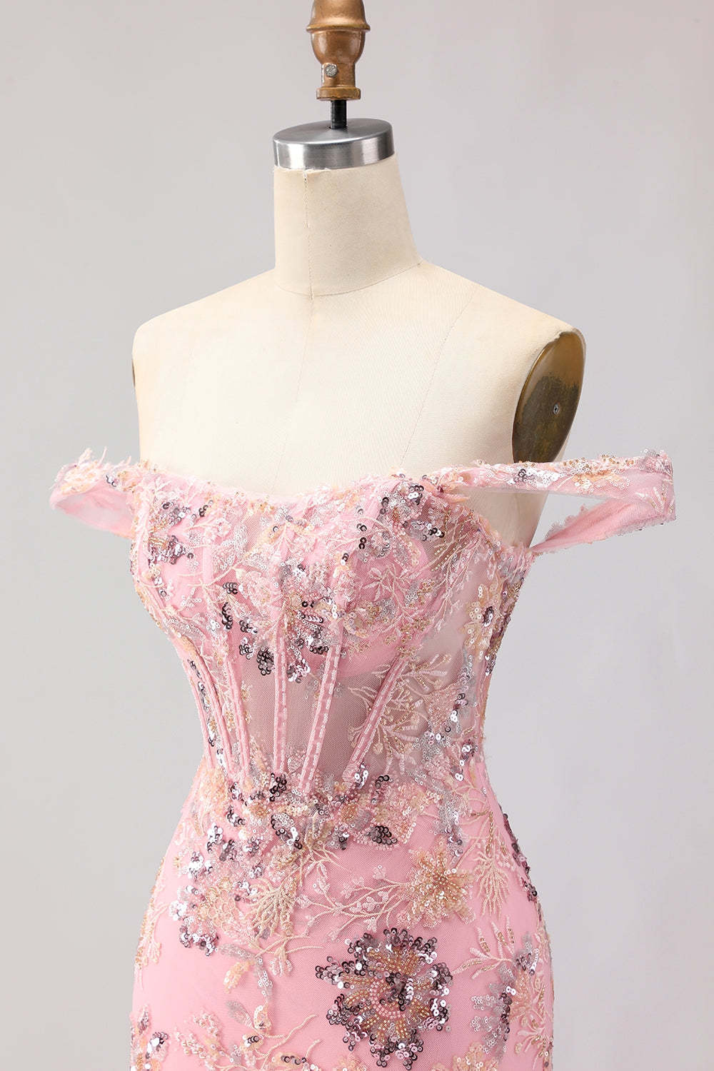 Sparkly Floral Blush Mermaid Ruffled Maxi Corset Prom Dress