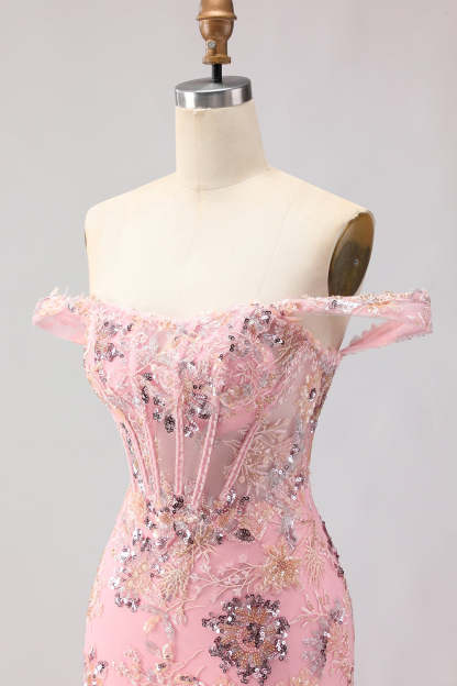 Sparkly Floral Blush Mermaid Ruffled Maxi Corset Prom Dress