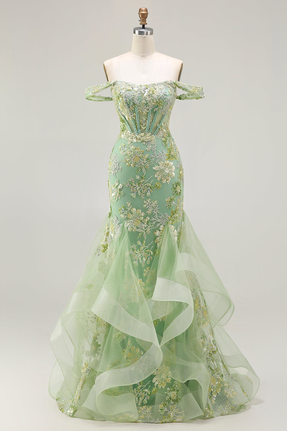 Sparkly Floral Green Mermaid Long Corset Prom Dress with Ruffles