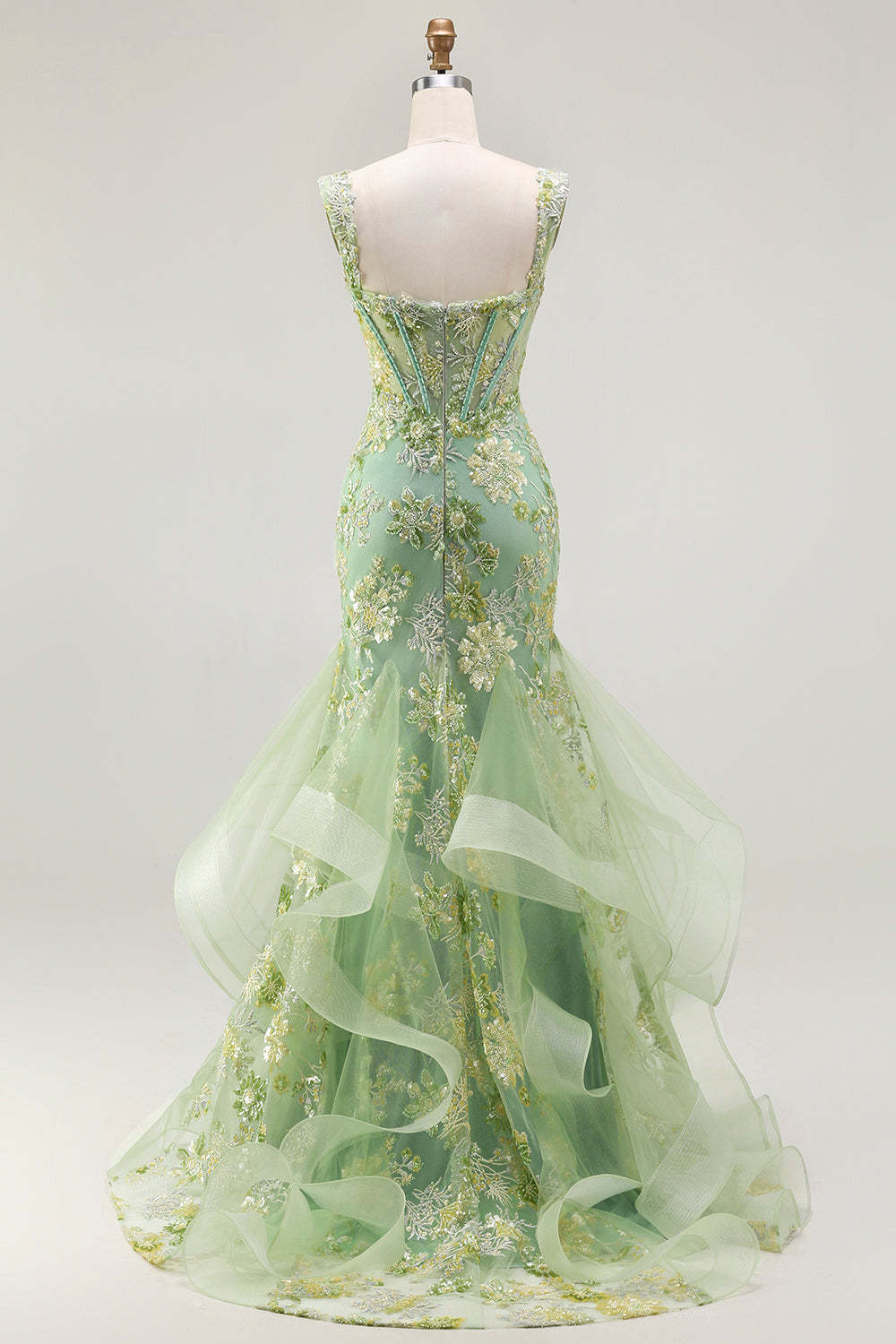 Sparkly Blush Floral Mermaid Long Corset Prom Dress with Ruffles