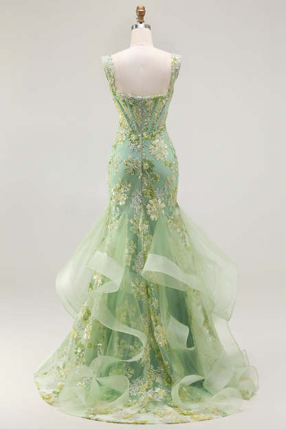 Sparkly Blush Floral Mermaid Long Corset Prom Dress with Ruffles