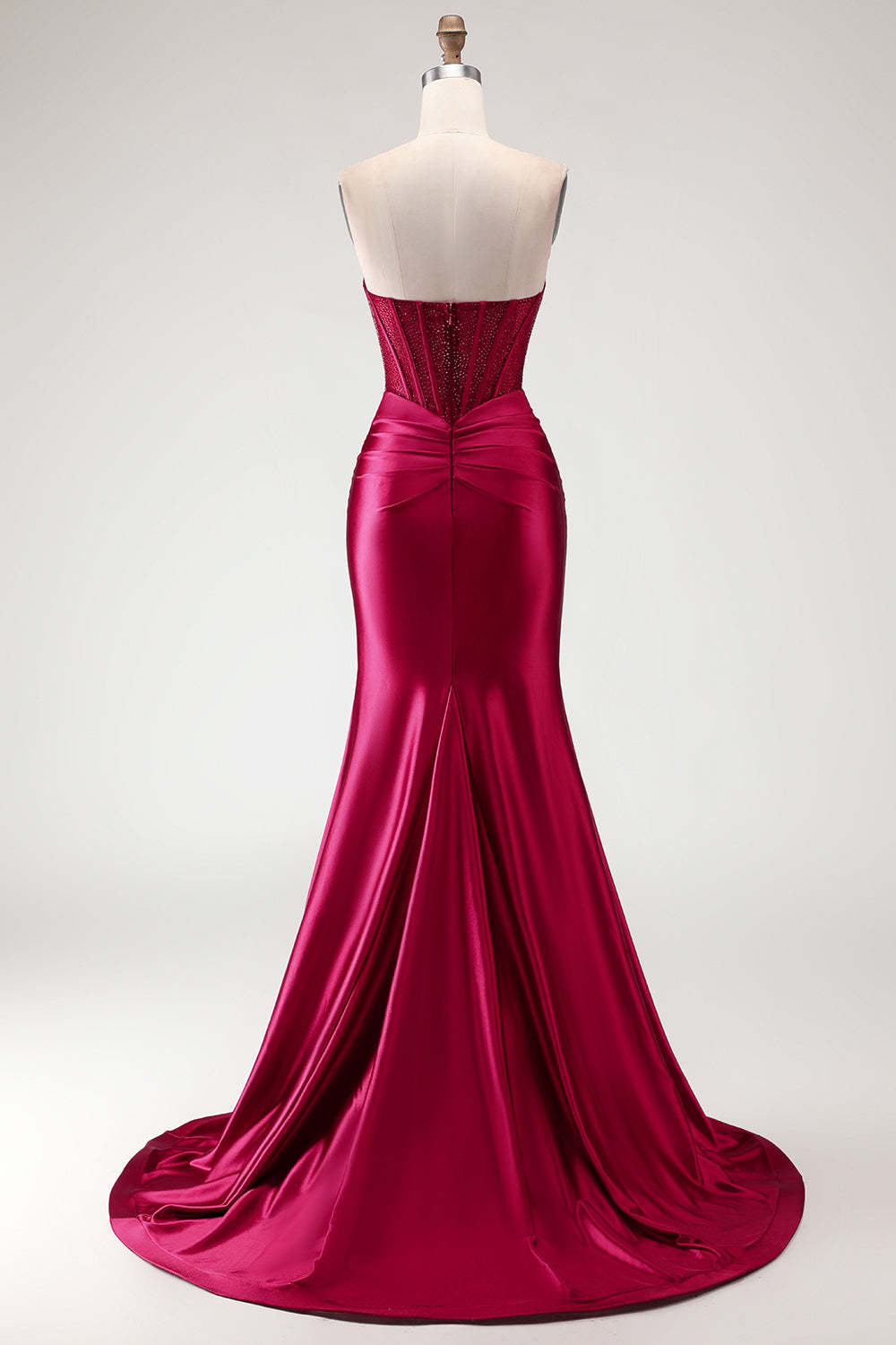 Burgundy Mermaid Satin Long Corset Prom Dress with Slit