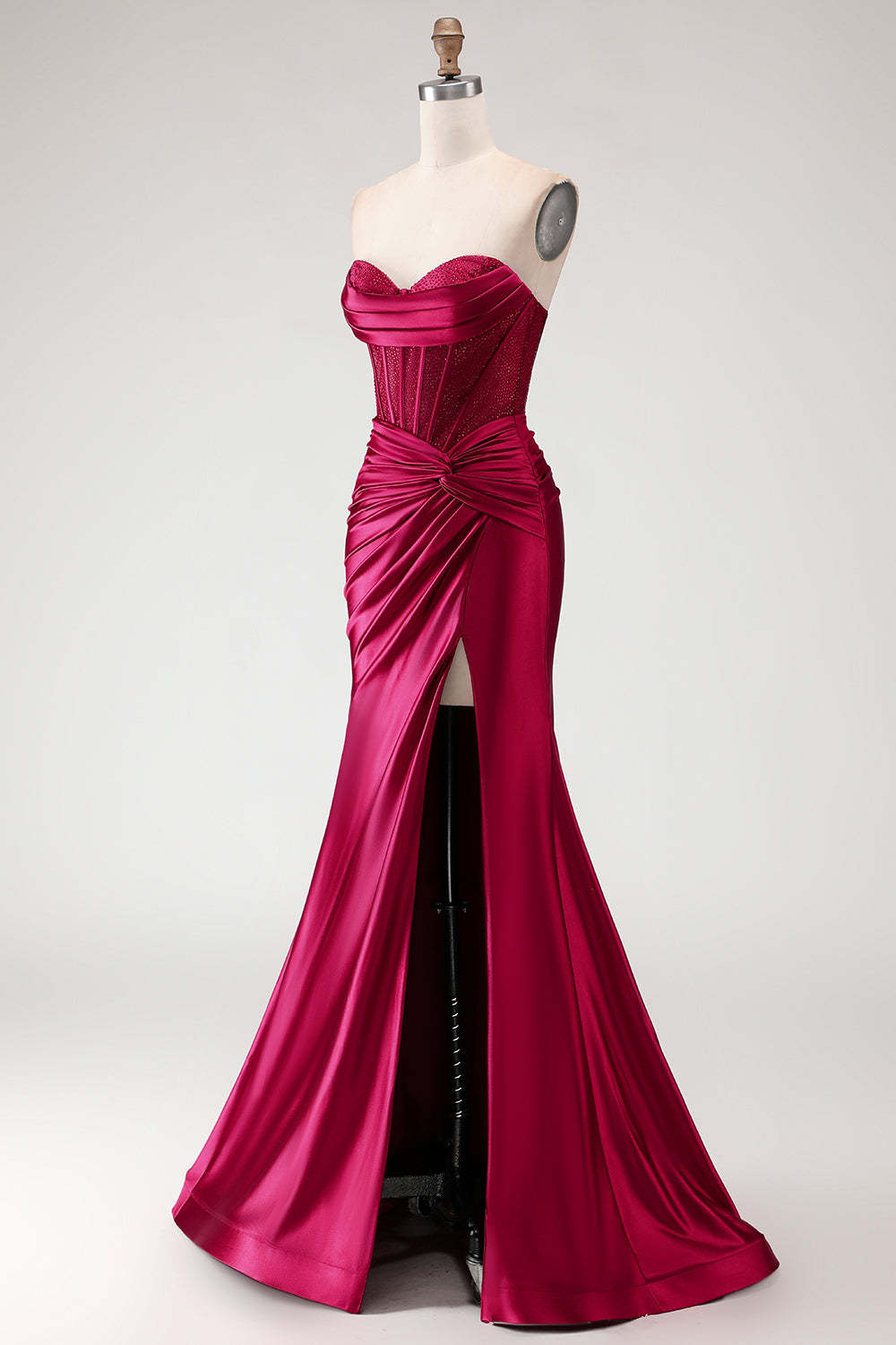 Burgundy Mermaid Satin Long Corset Prom Dress with Slit