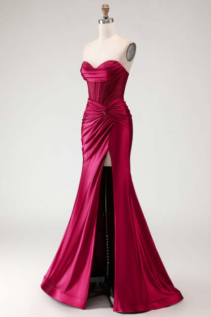 Burgundy Mermaid Satin Long Corset Prom Dress with Slit