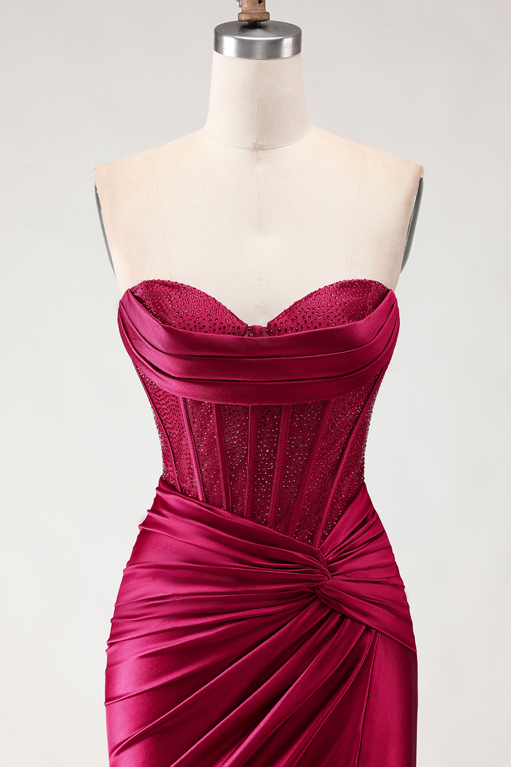 Burgundy Mermaid Satin Long Corset Prom Dress with Slit
