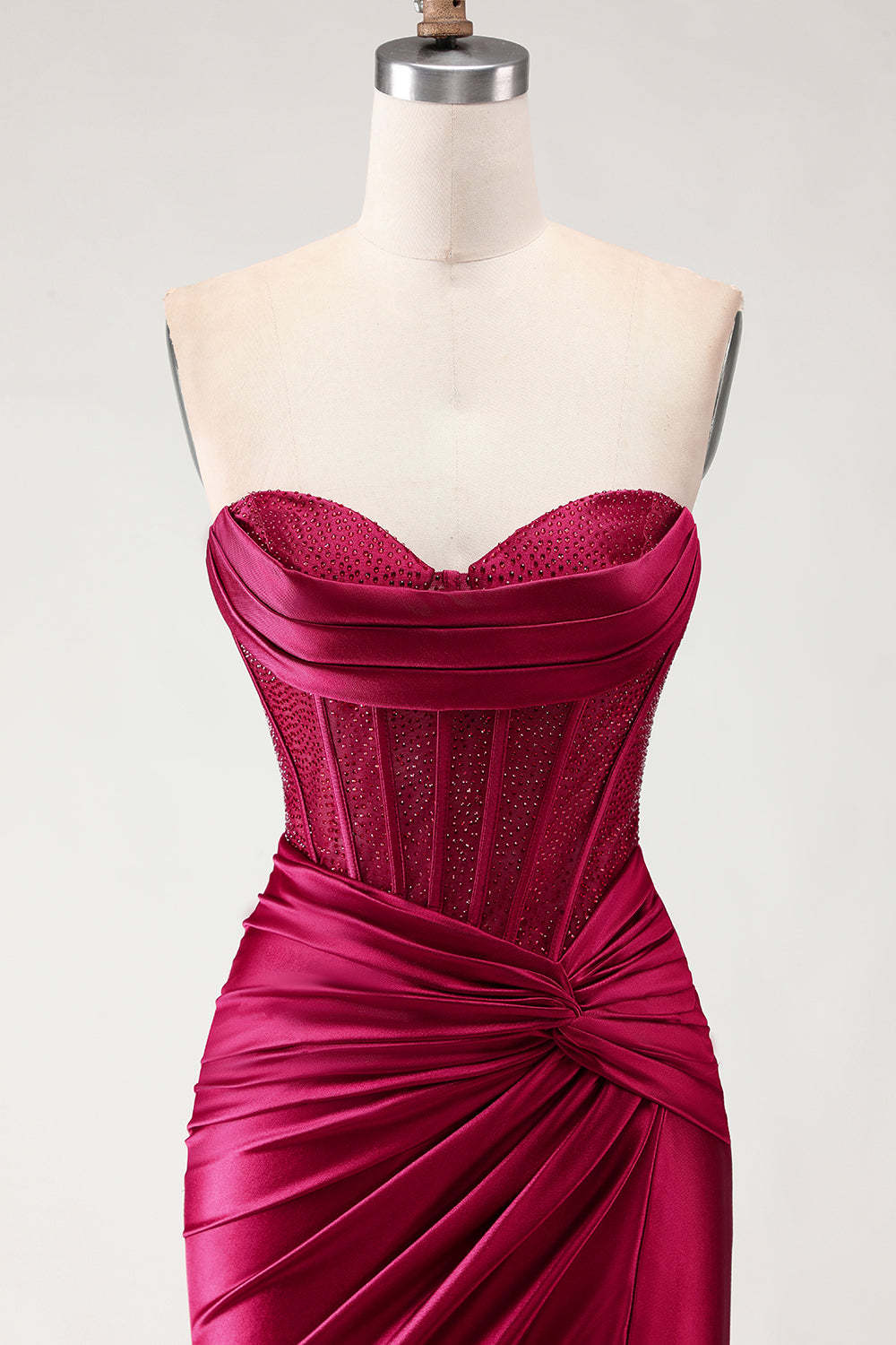 Burgundy Mermaid Satin Long Corset Prom Dress with Slit