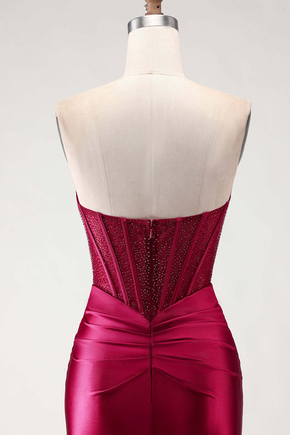 Burgundy Mermaid Satin Long Corset Prom Dress with Slit