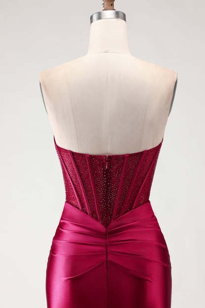 Burgundy Mermaid Satin Long Corset Prom Dress with Slit