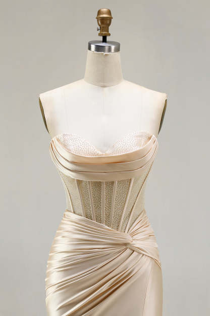 Burgundy Mermaid Satin Long Corset Prom Dress with Slit