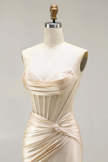 Burgundy Mermaid Satin Long Corset Prom Dress with Slit