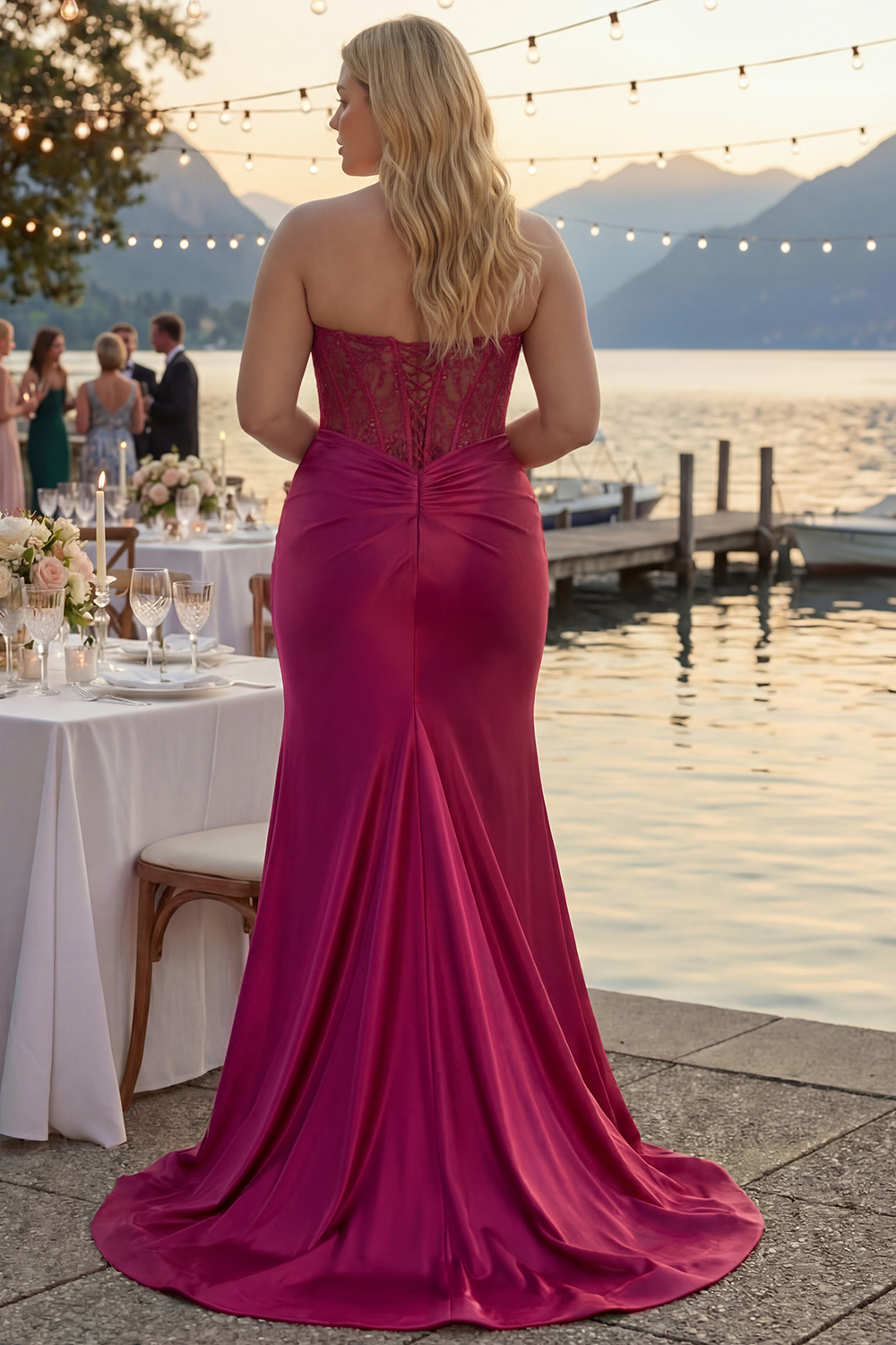 Burgundy Mermaid Satin Long Corset Prom Dress with Slit
