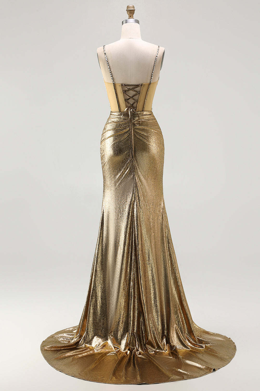 Golden Metallic Mermaid Rhinestone Long Corset Prom Dress with Slit