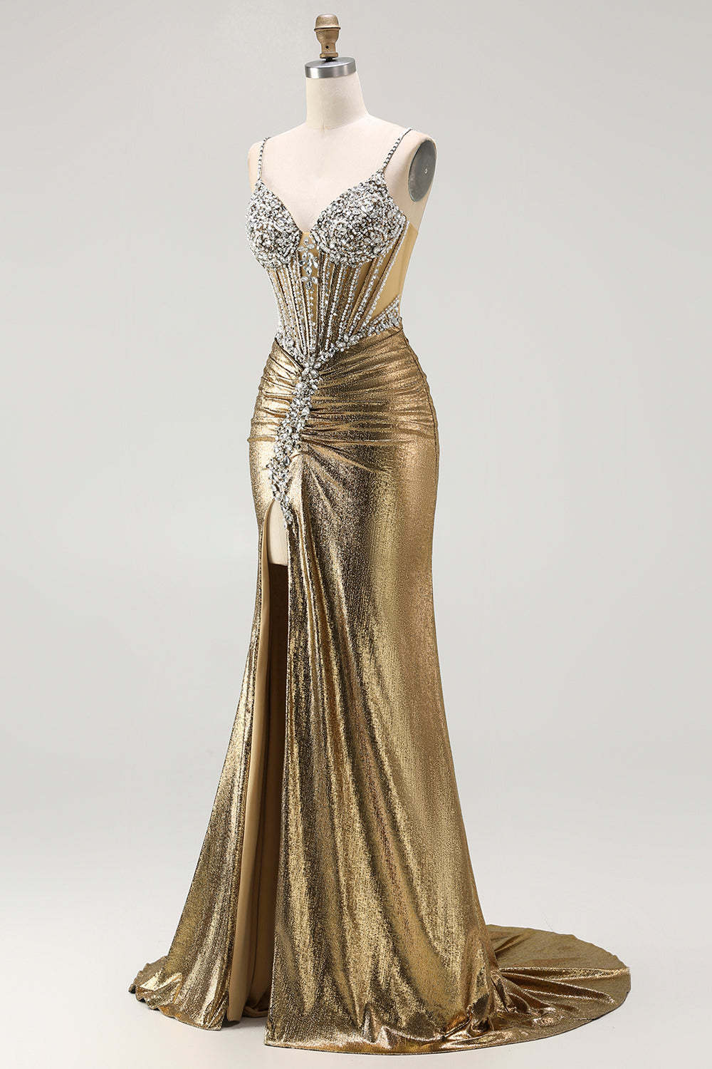 Golden Metallic Mermaid Rhinestone Long Corset Prom Dress with Slit