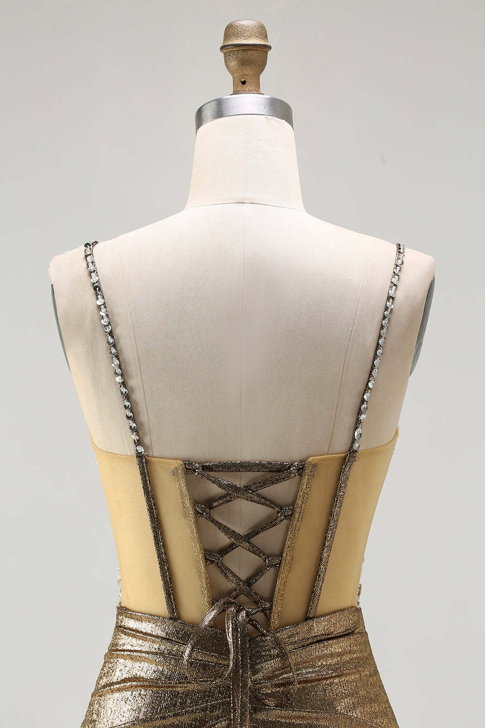 Golden Metallic Mermaid Rhinestone Long Corset Prom Dress with Slit