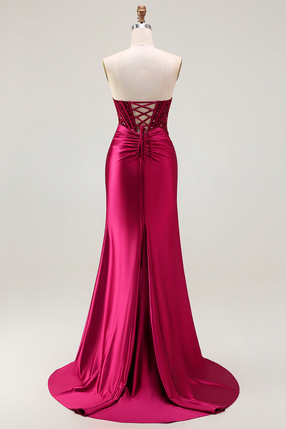 Sparkly Burgundy Beaded Mermaid Long Corset Prom Dress with Slit