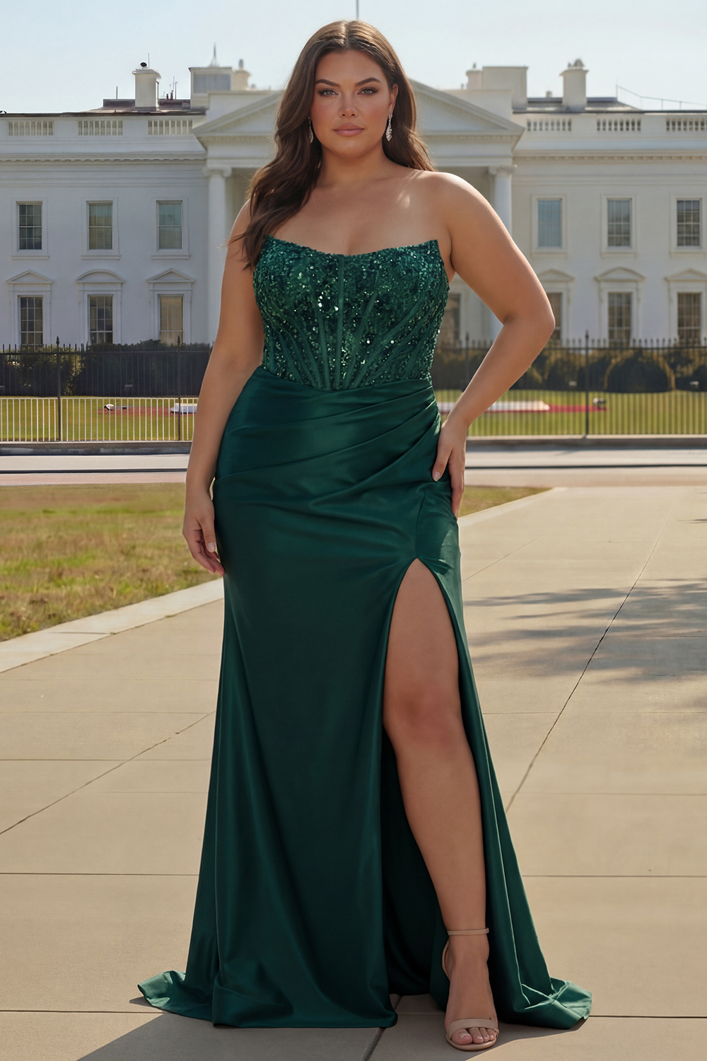 Dark Green Sparkly Beaded Strapless Mermaid Long Corset Prom Dress with Slit