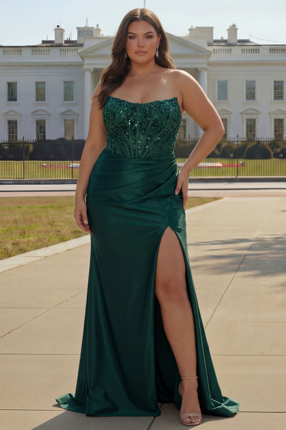 Dark Green Sparkly Beaded Strapless Mermaid Long Corset Prom Dress with Slit