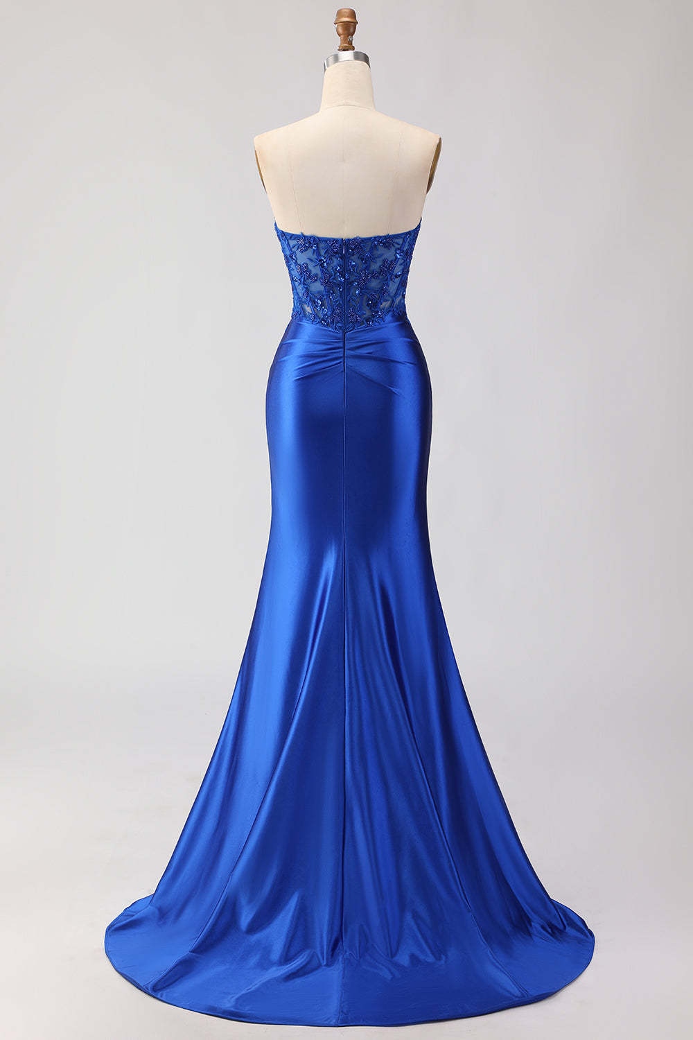Royal Blue Appliqued Mermaid Long Corset Prom Dress with Slit