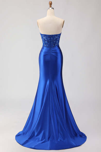 Royal Blue Appliqued Mermaid Long Corset Prom Dress with Slit