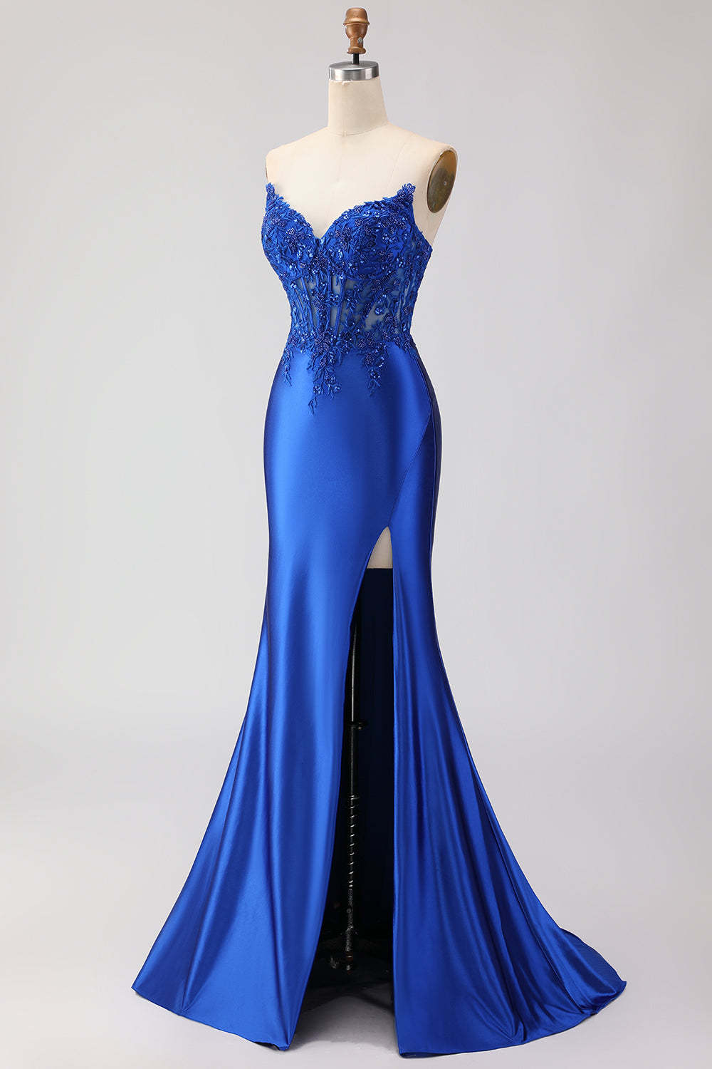 Royal Blue Appliqued Mermaid Long Corset Prom Dress with Slit