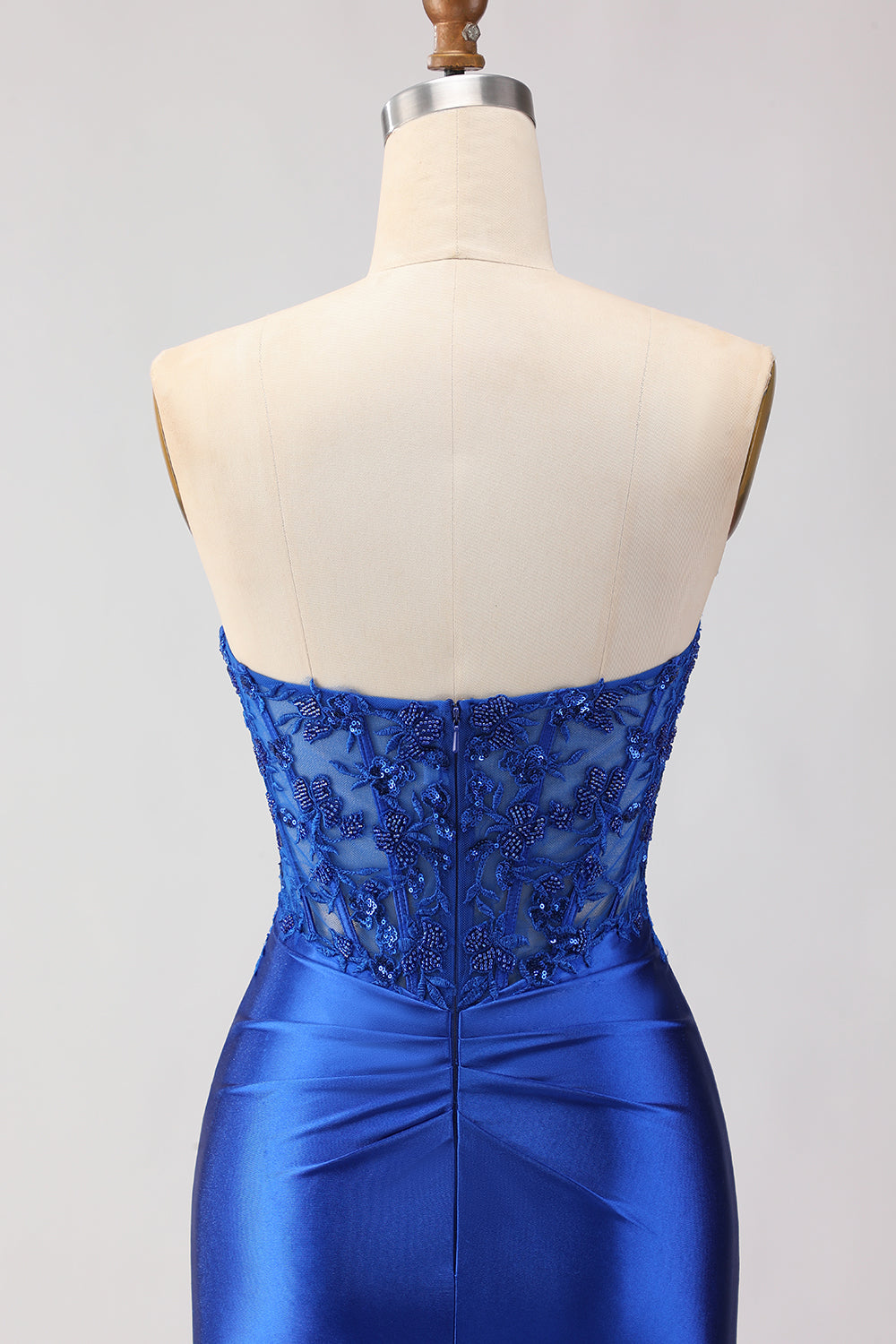Royal Blue Appliqued Mermaid Long Corset Prom Dress with Slit