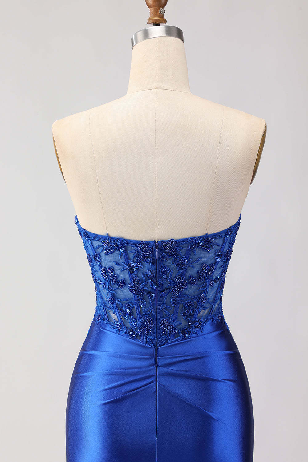 Royal Blue Appliqued Mermaid Long Corset Prom Dress with Slit