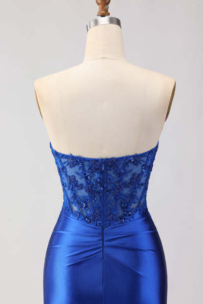 Royal Blue Appliqued Mermaid Long Corset Prom Dress with Slit