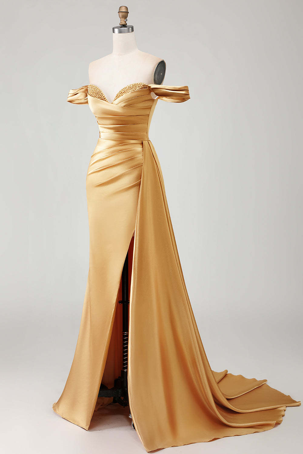Sparkly Golden Mermaid Maxi Prom Dress with Side Cape