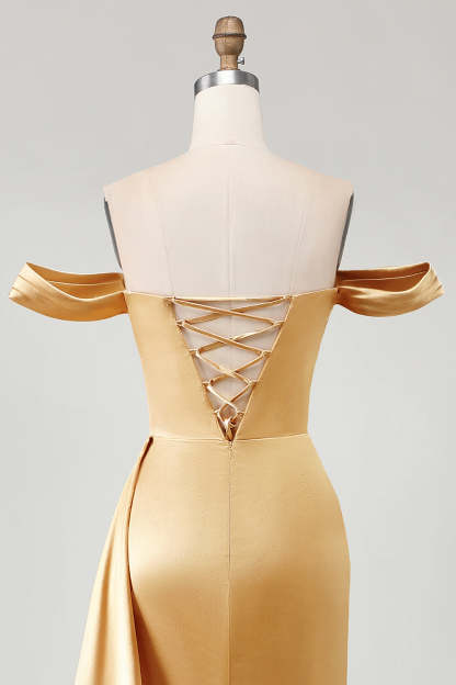 Sparkly Golden Mermaid Maxi Prom Dress with Side Cape