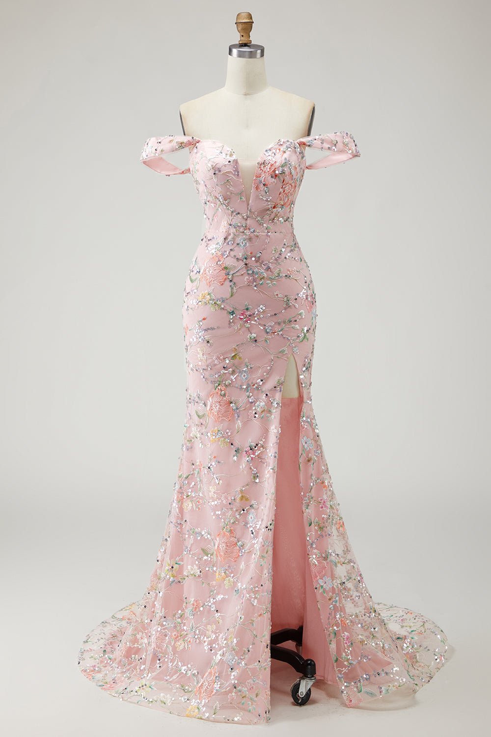 Blush Floral Long Mermaid Prom Dress with Embroidery