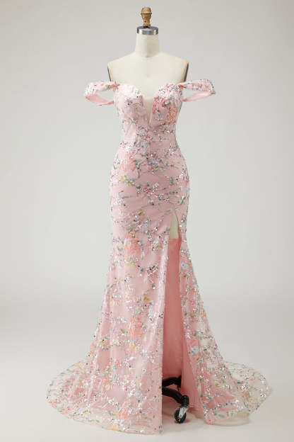 Sparkly Pink Floral Sequin Off the Shoudler Maxi Mermaid Prom Dress