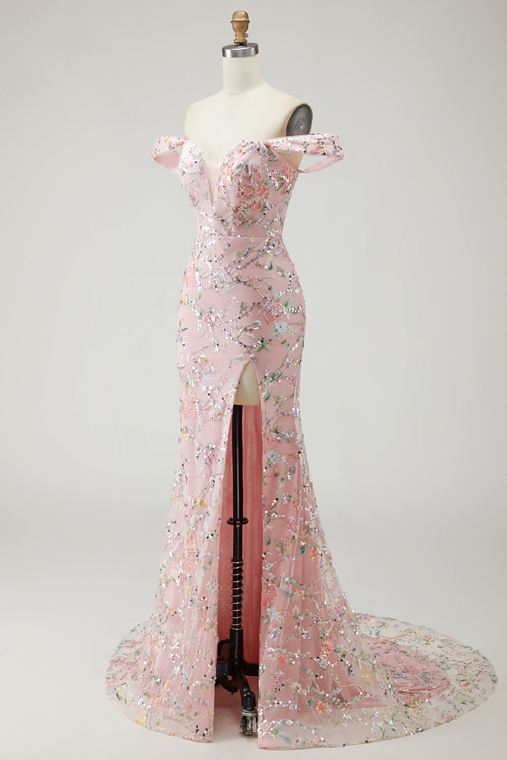 Blush Floral Long Mermaid Prom Dress with Embroidery